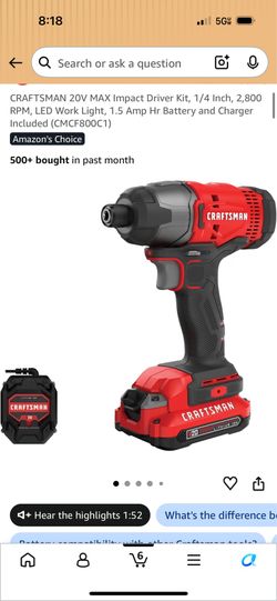 CRAFTSMAN 20V MAX Impact Driver Kit, 1/4 Inch, 2,800 RPM, LED Work Light, 1.5 Amp Hr Battery and Charger