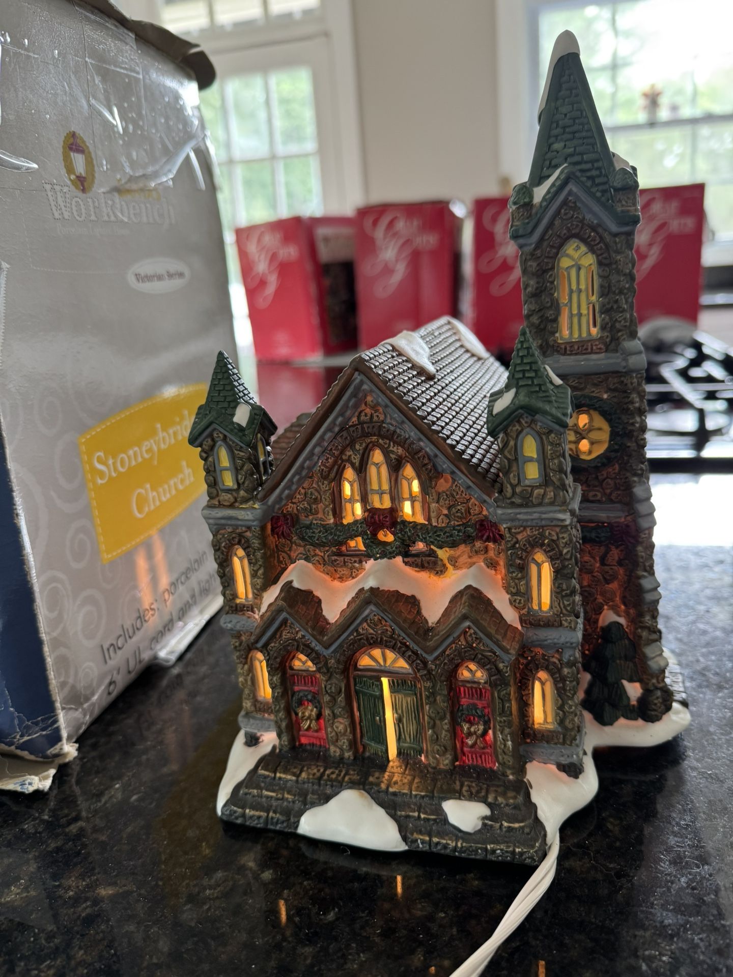 Santa’s Workbench Stoneybridge Church Porcelain Christmas Village w/Box
