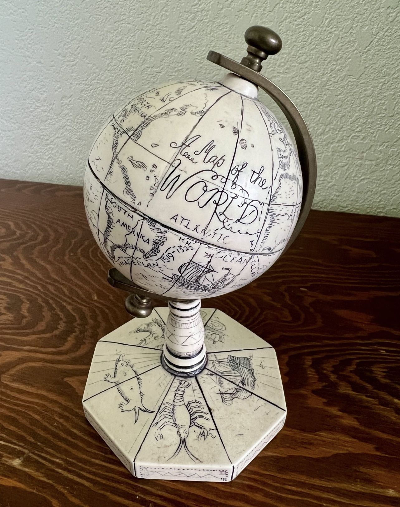 Comoy’s of London Faux Ivory Scrimshaw Small Desk World Globe