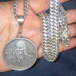 925 Sterling Silver Centenario Cuban box lock With medallion pendant 