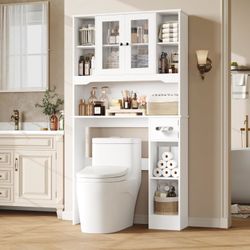 B495 $80  Over The Toilet Storage Cabinet, Over Toilet Bathroom Organizer with 2 Glass Doors & Paper Holder, Bathroom Shelves Over Toilet with Adjusta