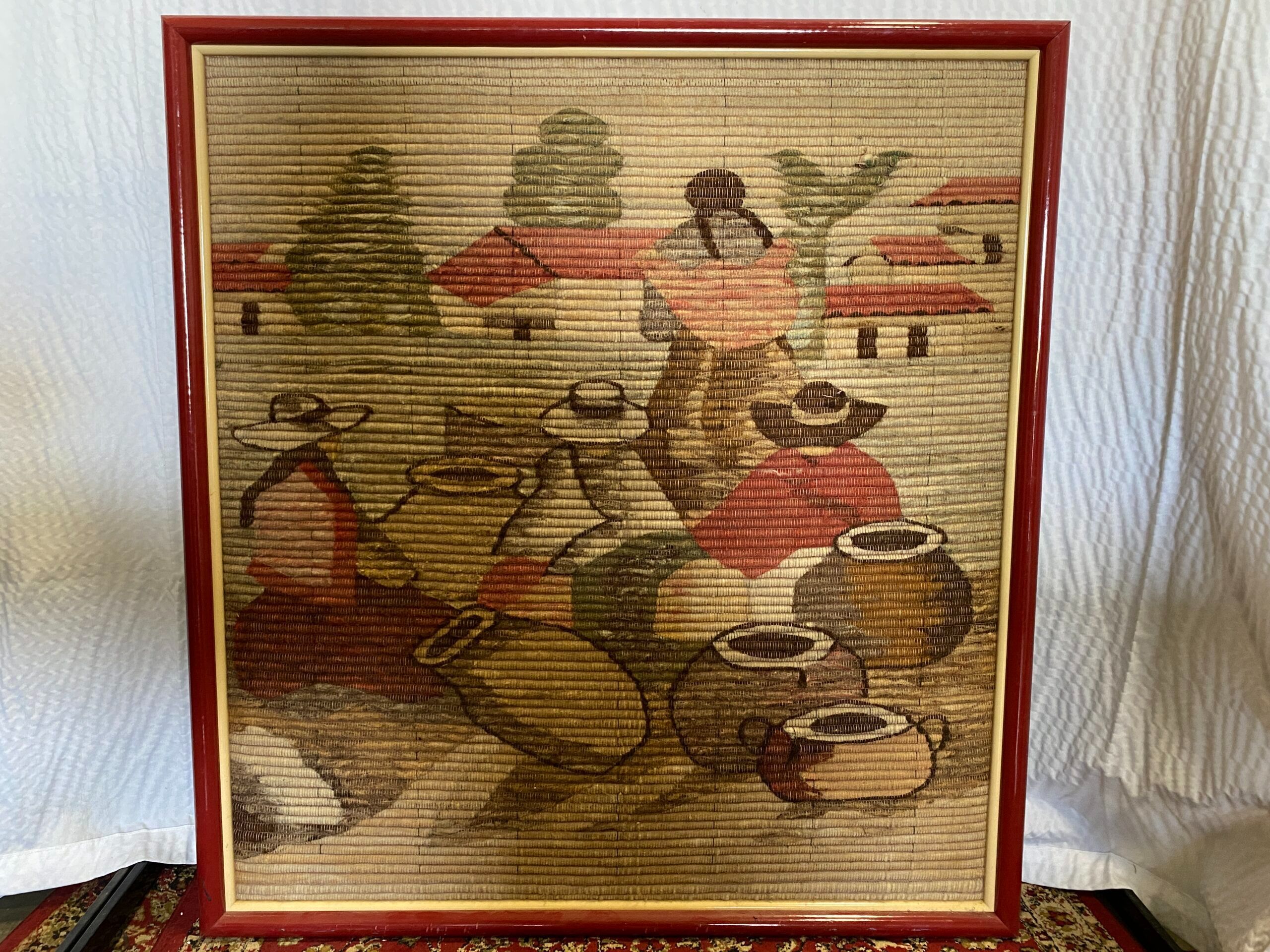 Hand Woven Peruvian Folk Art Tapestry in Red Frame