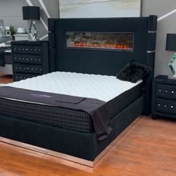 Velvet Black Fire Place Headboard Bed