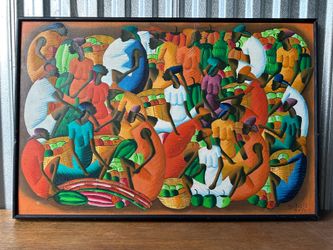 Vintage Haitian Folk Art Painting W. Rober Signed Original Large Market Scene