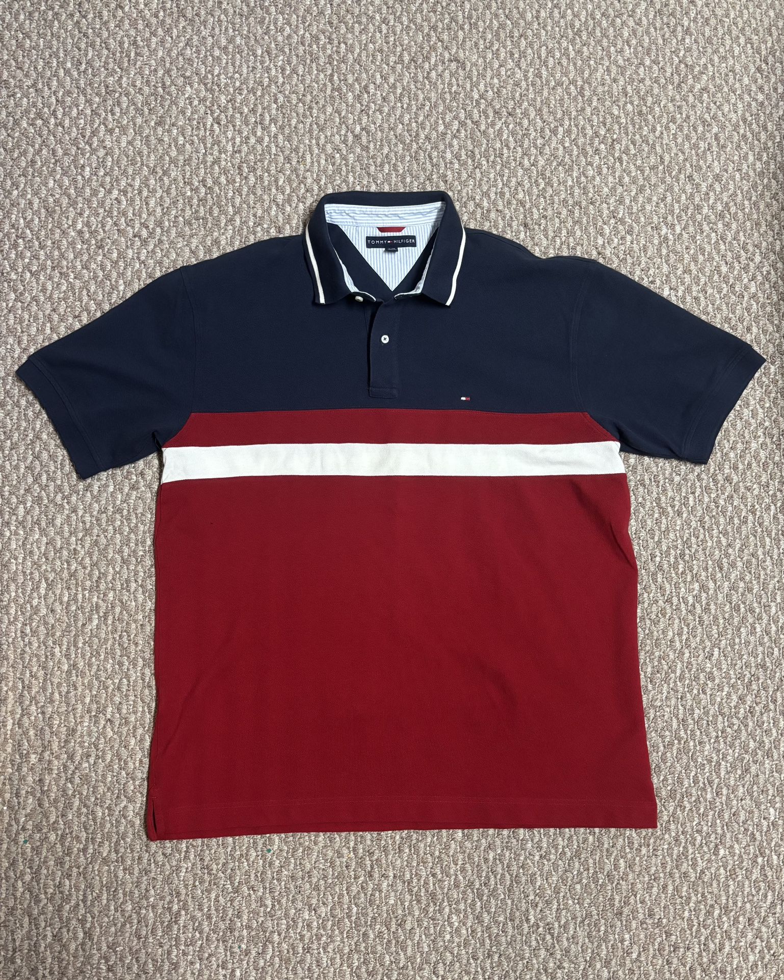 Tommy Hilfiger 90s Style Business Casual Men’s Navy Blue And Red Polo Shirt