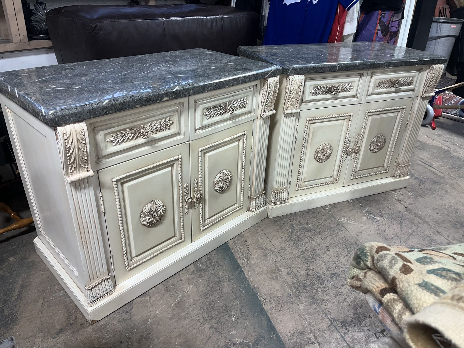 Pair Of French Provincial Marble Veneer Carved Wood Dressers