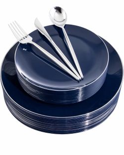 BRAND NEW NEVER USED 150Pcs Blue Plastic Plates, Disposable Plates with Silverware Set Navy Blue Plastic