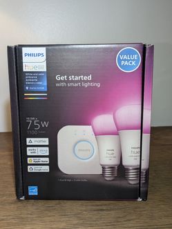 NEW + STILL IN BOX! Philips Hue Color 75W A19 Smart LED Bulb 2PK + Hue Bridge