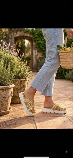 Yellow Fringe Platform Slide Sandals
