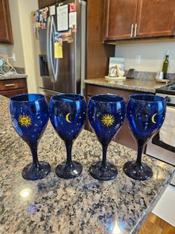 RARE Set of 4 Vintage Libbey Cobalt Blue Celestial Wine Glasses