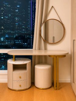 Vanity Set with Round Wall Mirror + Stool