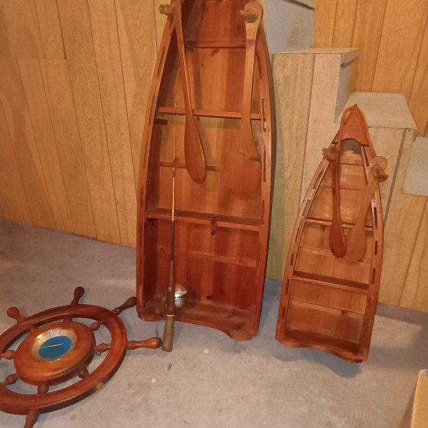 Wooden Boat Shelves With Paddles And Fishing Pole. Also A Nautical Clock. Selling As A Lot