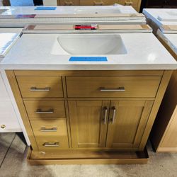36” Bathroom Vanity in Natural Oak , single sink soft close solid wood with vanity top in white  $599 