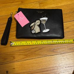 New Kate Spade Wristlet Pouch, Black, Embroidered Bunny