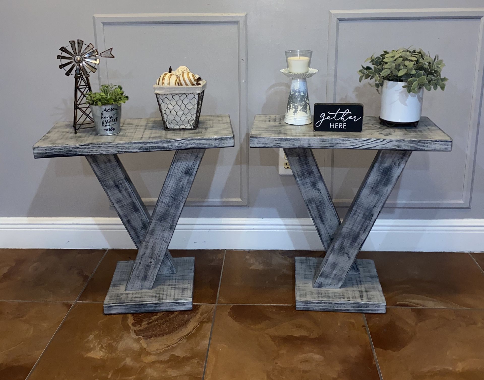 Beautiful set of gray distressed end tables