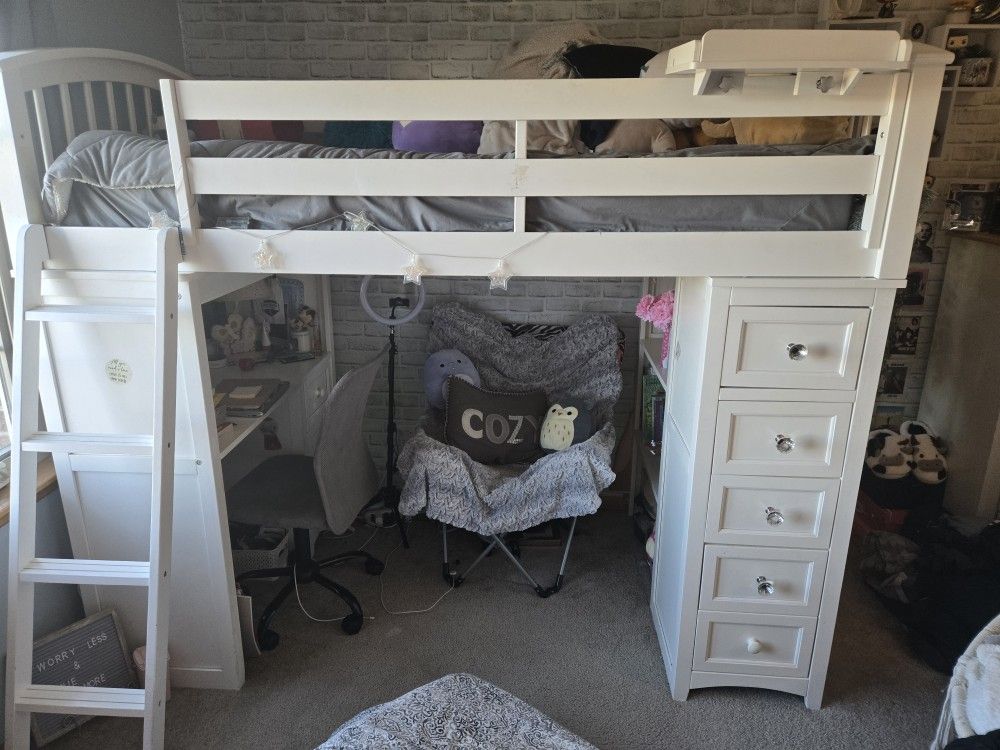 White Bunk Bed With Desk , Shelves, And Storage Drawers