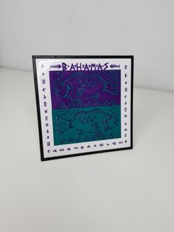 Vintage 1990's Fish Bahamas Trivet Tile  Folk Art Nautical 1993 Orient Stand blk