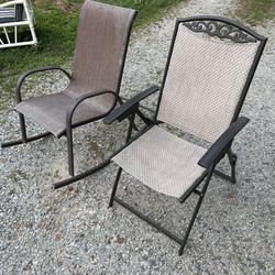 Set Of Two Reclining Patio Chairs Rocking Chair And Adjustable Folding Recliner