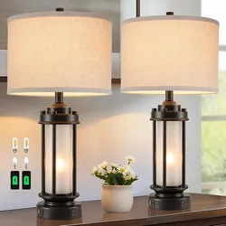 25'' Set of 2 Table Lamps with 2 USB C+A Ports Black Nightlight Bedside Office Bedroom
