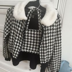 Girl Set Max Studio Girls 7-8 Yrs Plush Rounded Collar Houndstooth Pattern Sweater Zip Top Blk Skirt Matching Bag