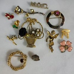 Lot Of 13 Gold Tone Brooch/Pins 