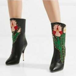 GUCCI 2017 “Fosca” Black Floral Applique Studded Crystal Leather Heels Boots