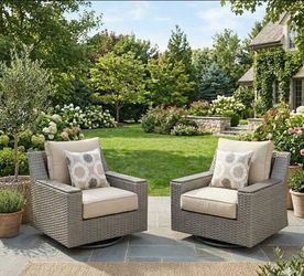 Each chair retails $500 alone brand new inside the box outdoor patio swivel rocking chairs sunbrella quality cushions deep seating high quality patio