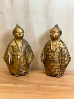 One Pair of Mid Century Gilt metal "Selflessness Child” Okimono Bronze/ Brass Figures.