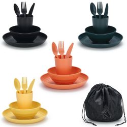 Camping Mess Kit for 4 with Bowl, Plate, Cup, Spoon, Fork, Knife and Carry Bag, Plastic Camping Accessories Essentials Gear for Travel, Picnic, Outdoo