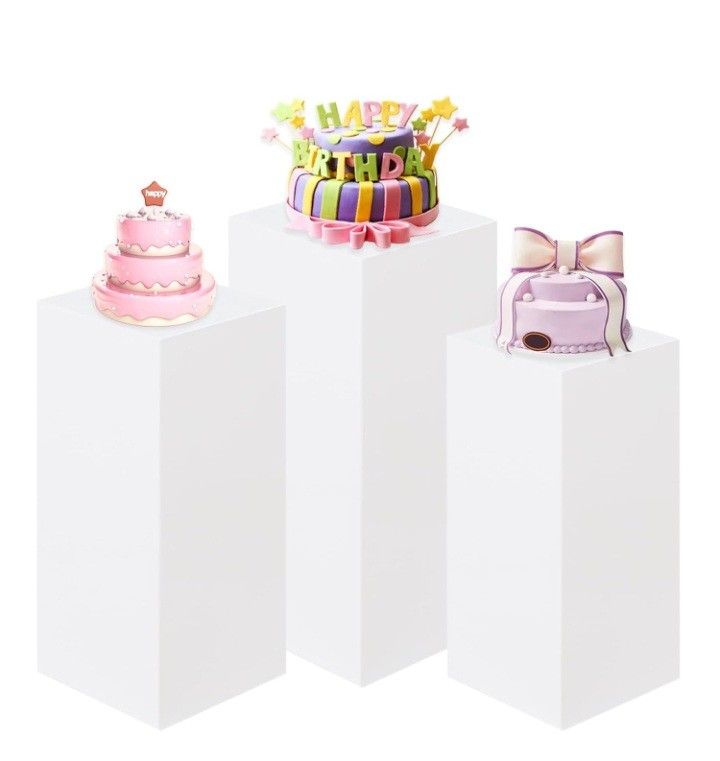 3PCS Square Pedestal Stands for Parties, White Metal Square Plinths Dessert Table Cube Display Pillars for Birthday Wedding Bridal Baby Shower Party D