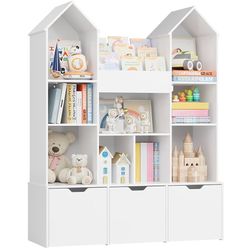 Toy Storage Organizer with Castle Roof, Large Kids Bookshelf Dollhouse with 3 Movable Drawers and 9 Storage Cubbies, Toy Organizers with 3-Tier Book R
