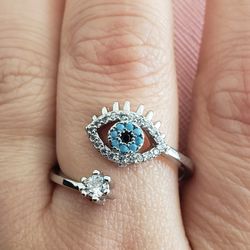 Evil Eye Open Size Silver Color Ring With Zirconia Paved Stone...zinc Alloy Material 