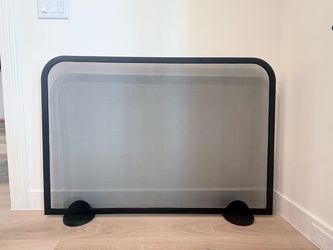 West Elm Black Metal Mesh Fireplace Screen with matching tools and log holder