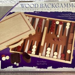 Wood Backgammon set, by Cardinal- with Accented Solid Wood Case-Stitched Felt and Brass Locks-Vintage 2004-New 