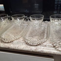 4 Vintage Anchor Hocking glass tray+ cup sets