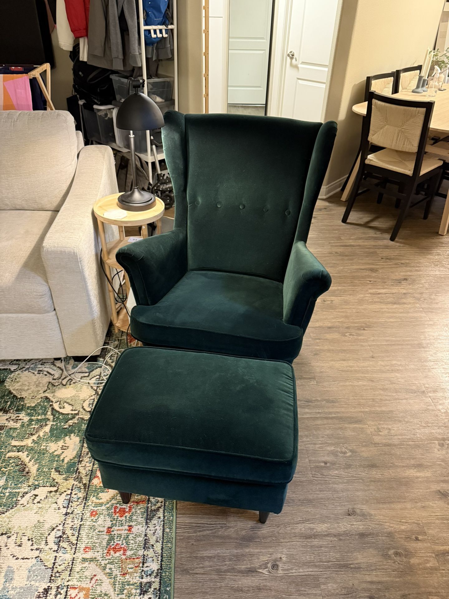 IKEA Green Velvet Strandmon Chair and Ottoman