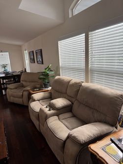 Power Reclining loveseat with console and recliner chair