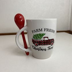 Red Truck Christmas Coffee/Cocoa Mug With Spoon 11 Oz NEW PERFECT GIFT