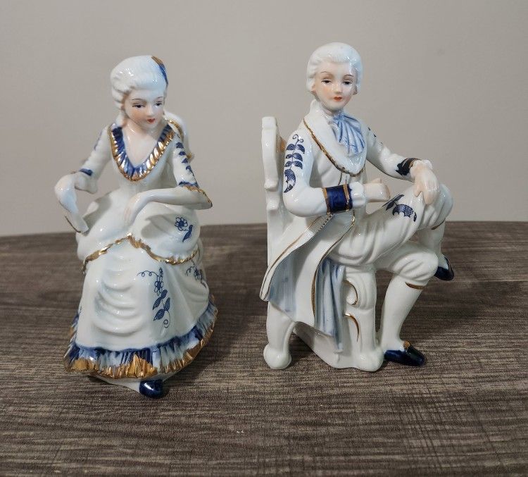 Vintage Baroque Porcelain Figures, Victorian Lady and Man on Chairs