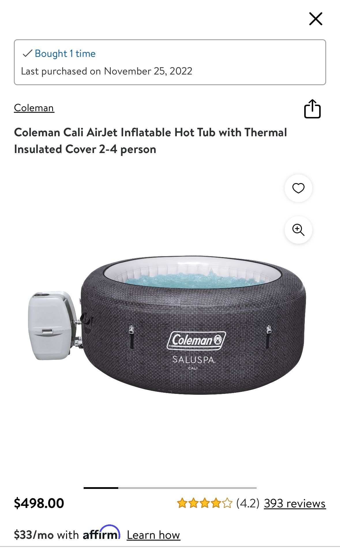 coleman cali airjet inflatable hot tub with thermal insulated cover 2-4 person