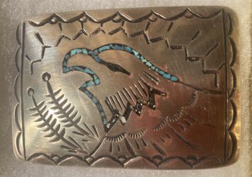 Vintage Belt Buckle Silver And Crushed Turquoise Eagle Thumbnail