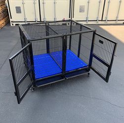 (Brand New) $190 Folding Heavy Duty Dog Cage 41x31x34” Double-Door Stackable Kennel w/ Divider, Plastic Tray