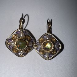 EUC Signed Michal Golan  Iridescent Cabochon & Pearl Lever-Back Earrings 