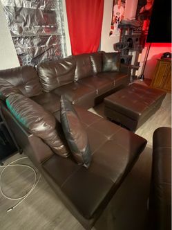 Brown Faux Leather Sectional Sofa with Ottoman