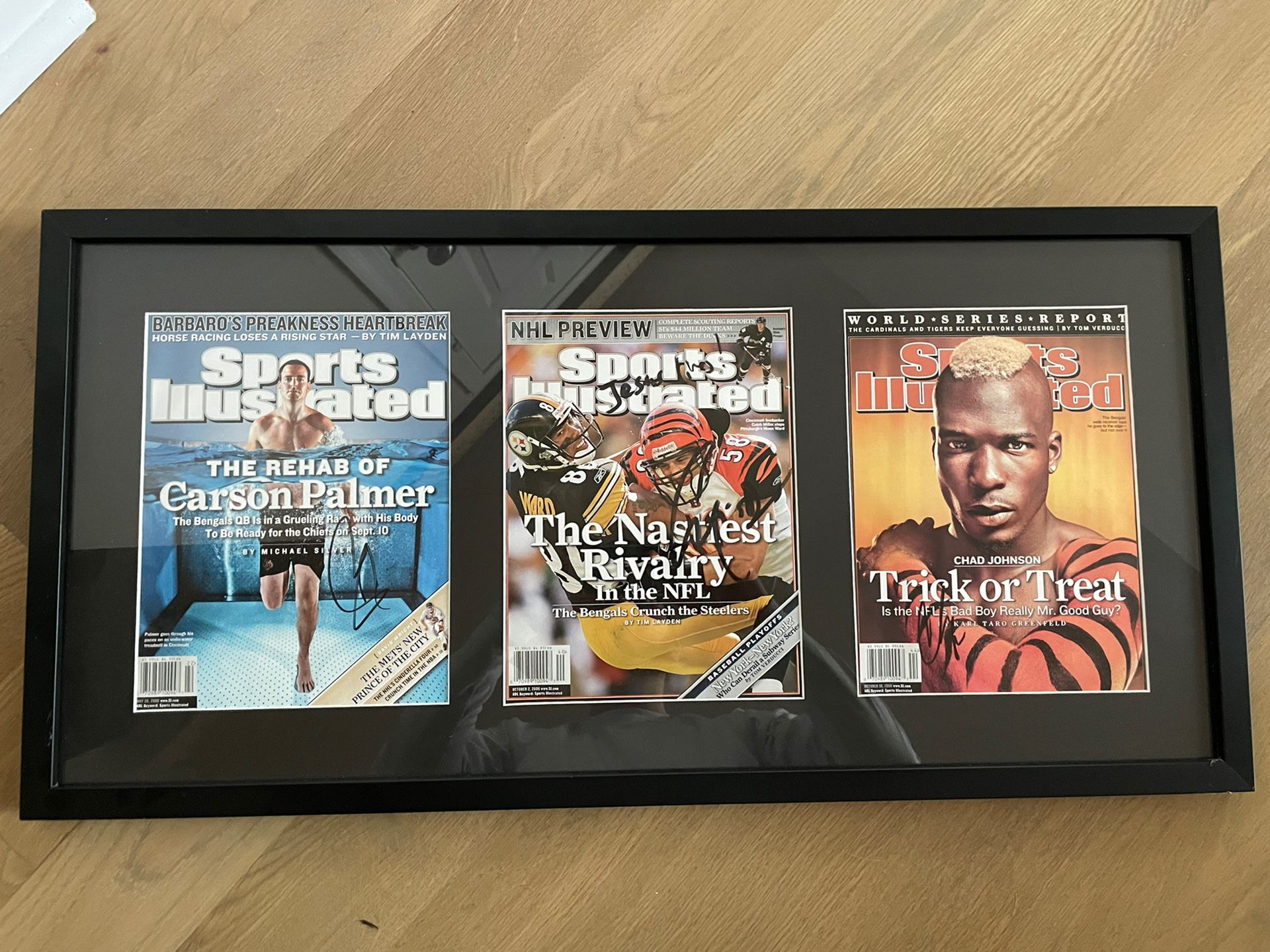 Autographed Chad Johnson, Caleb Miller and Carson Palmer Sports Illustrated