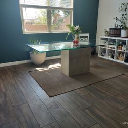 Luxury Glass Dining Table w/ Solid Travertine Pedestal – Designer Style