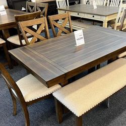 Moriville Grayish Brown Extendable Dining Set Table, Bench, Chairs 