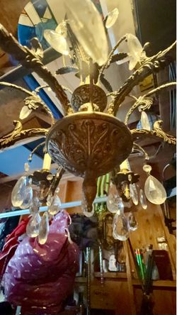 1940’s vintage Spanish or French style cast brass and crystal prism chandelier