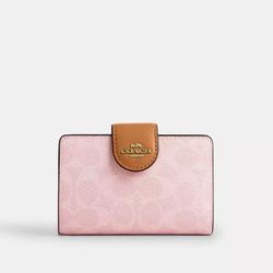 NWT COACH CEC29 Medium Corner Zip Wallet Signature Canvas Leather Powder Pink