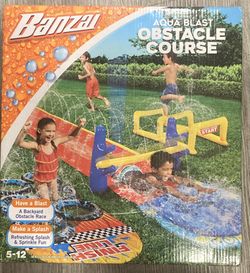 Banzai Aqua Blast Obstacle Course Slide 16'L Inflatable Backyard Aqua Water Park